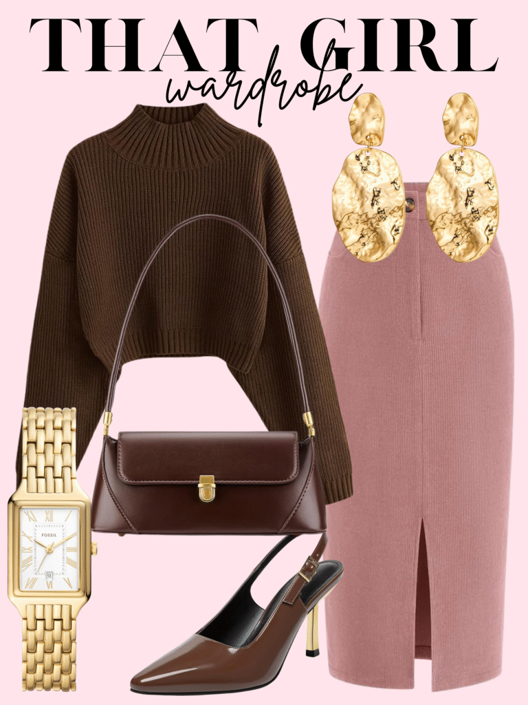 pink skirt fall outfit