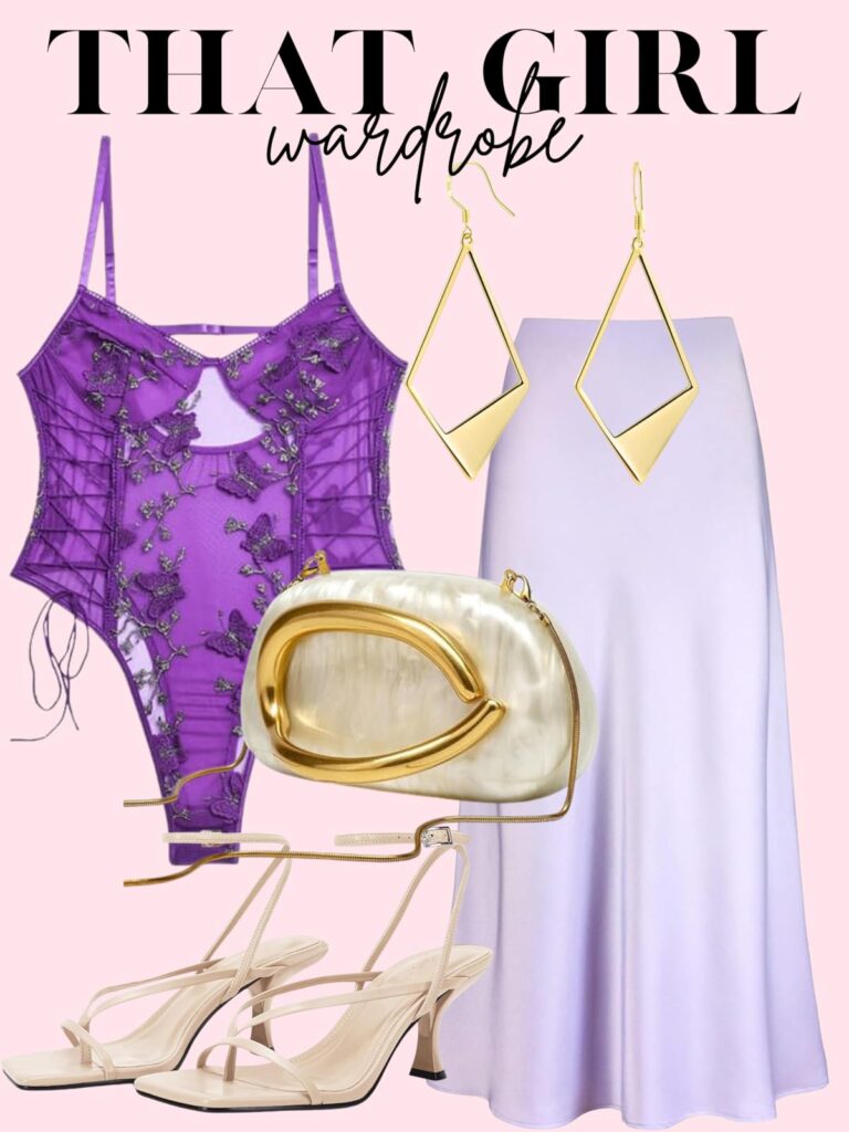 purple silk skirt and bodysuit