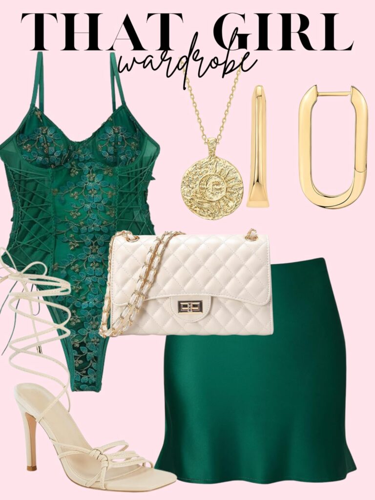 green bodysuit and skirt
