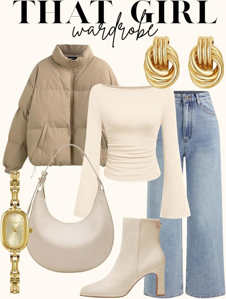 beige puffer jacket outfit