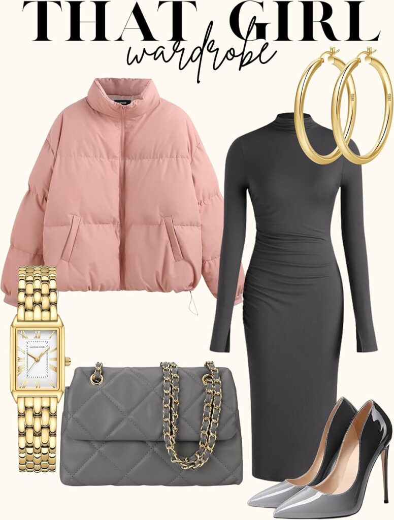 pink puffer jacket outfit