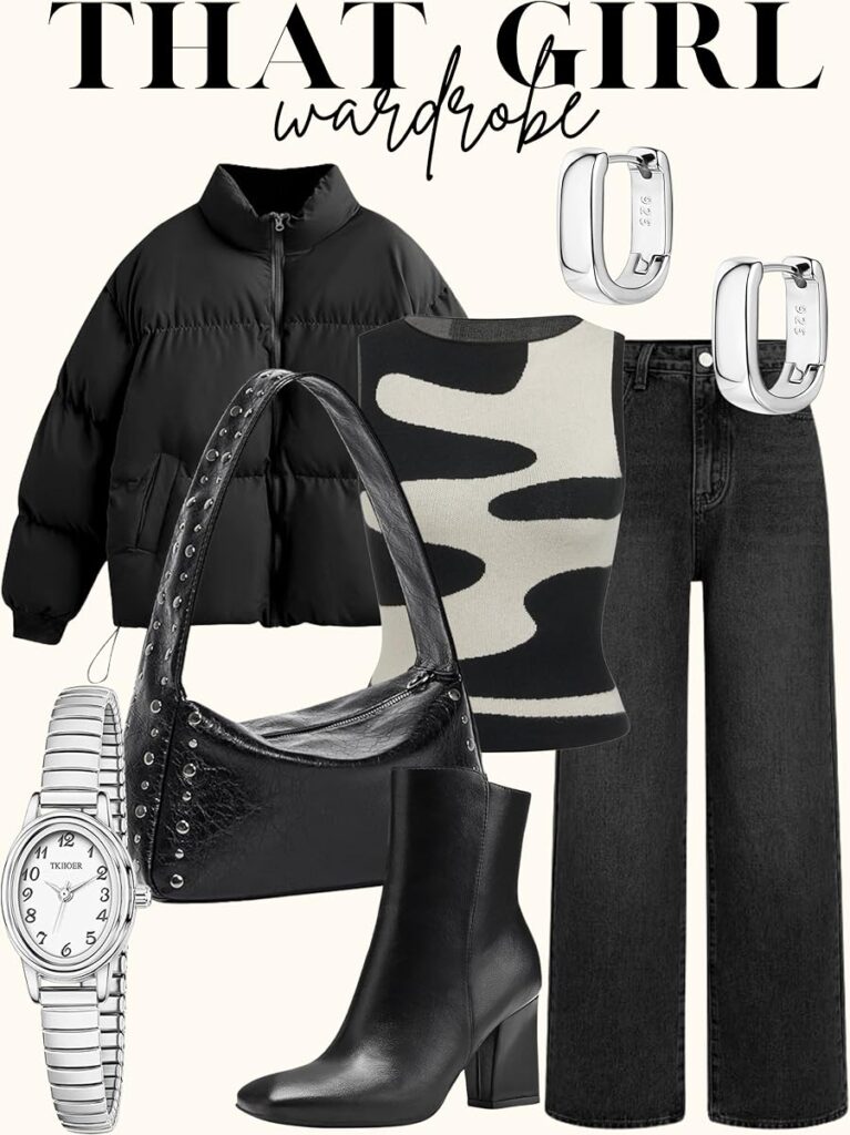 black puffer jacket outfit