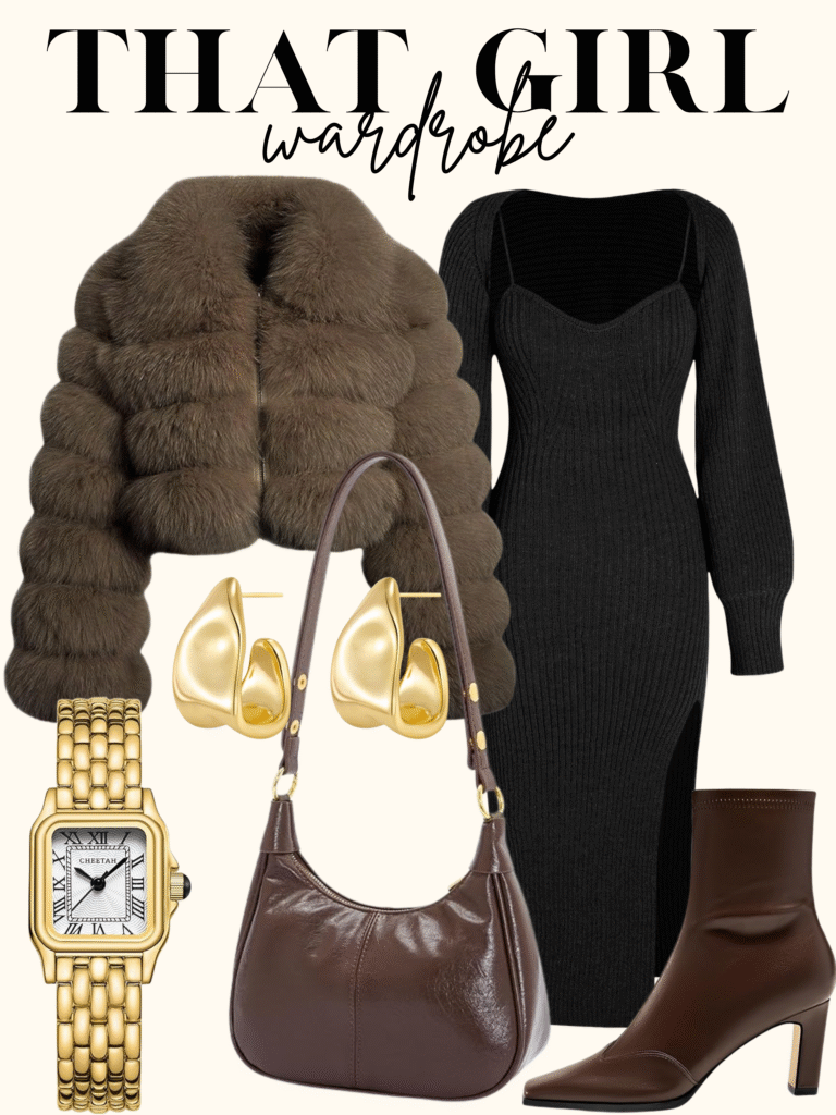 brown faux fur jacket outfit